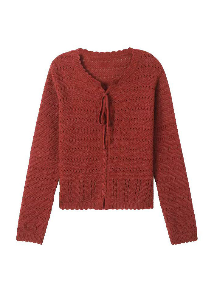 Elegant Red O Neck Hollow Out Lace Up Knit Shirt Top Fall