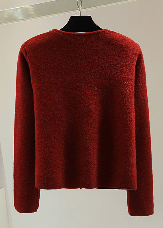 Elegant Red O-Neck Thick Cotton Knit Sweater Winter