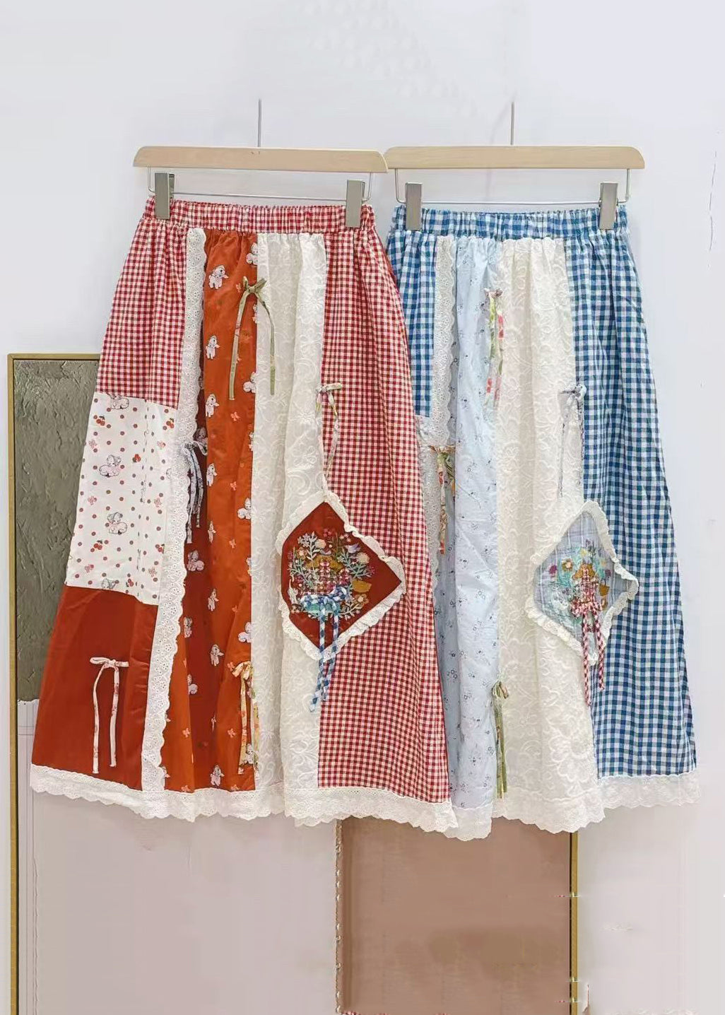 Elegant Red Plaid Elastic Waist Patchwork Cotton Skirts Spring