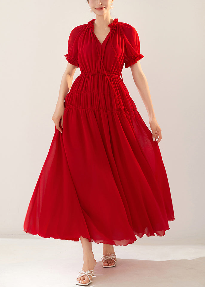 Elegant Red Ruffled Elastic Waist Chiffon Long Dresses Summer