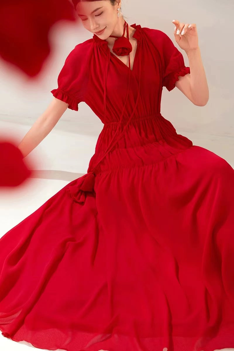 Elegant Red Ruffled Elastic Waist Chiffon Long Dresses Summer