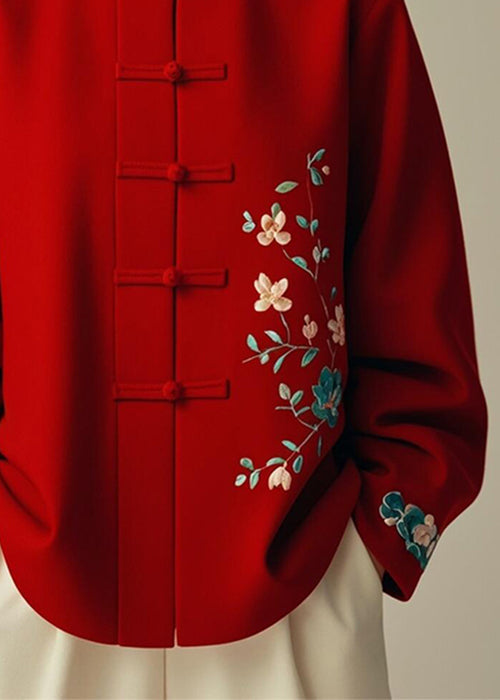 Elegant Red Stand Collar Print Cotton Coats Fall