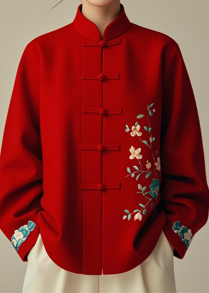 Elegant Red Stand Collar Print Cotton Coats Fall