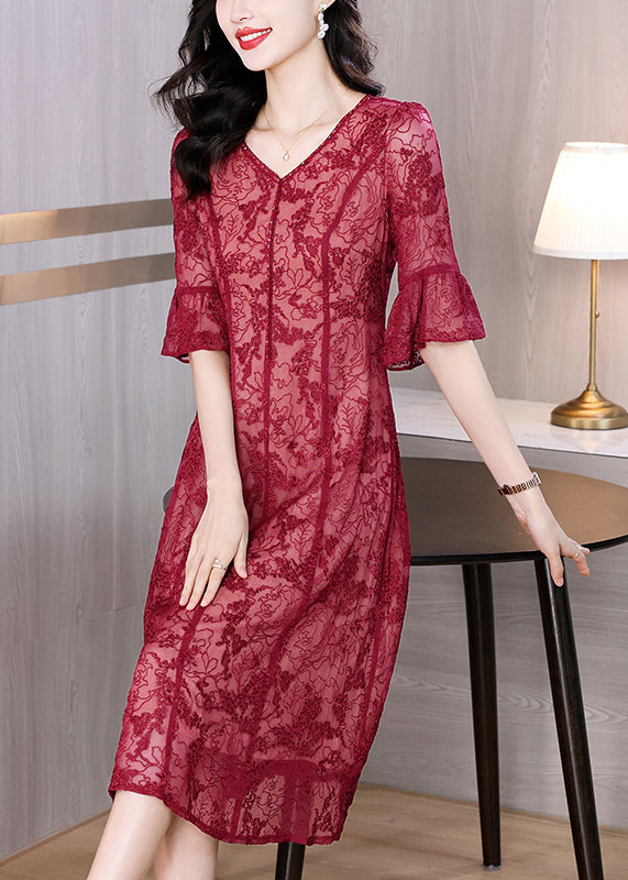 Elegant Red V Neck Embroidered Silk Dress Flare Sleeve