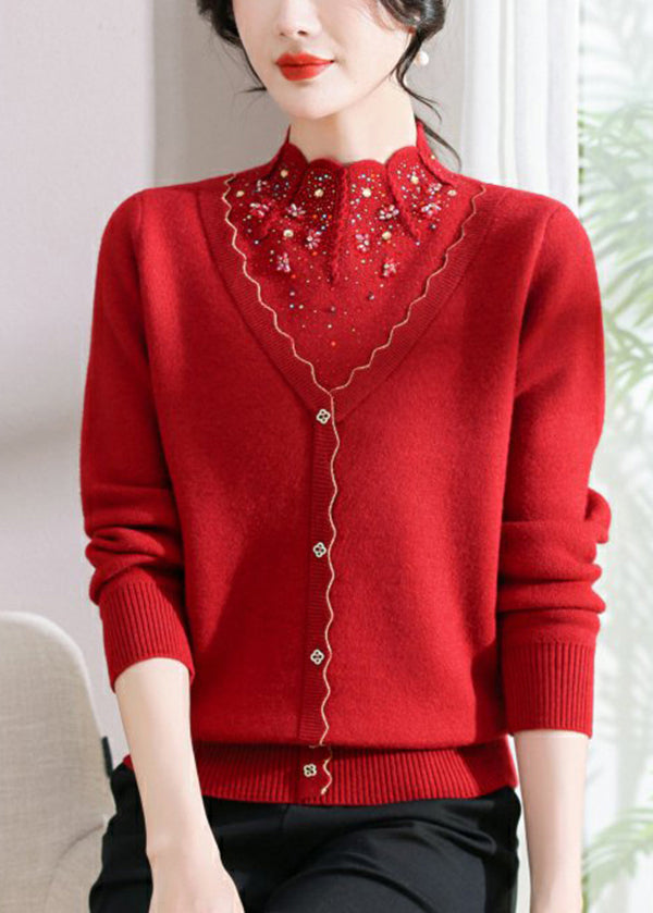 Elegant Red Zircon False Two Pieces Woolen Short Sweater Spring