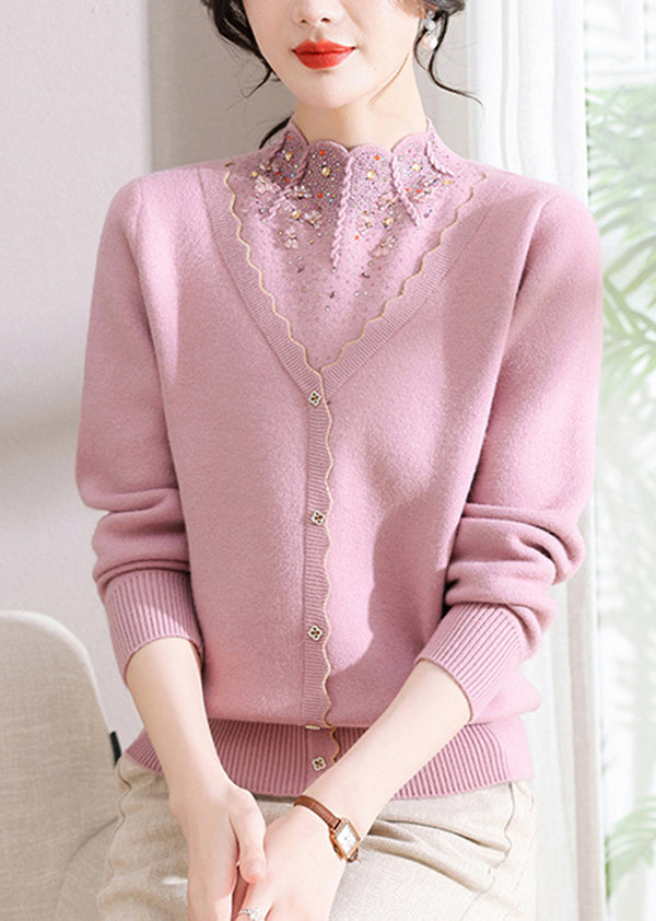 Elegant Red Zircon False Two Pieces Woolen Short Sweater Spring