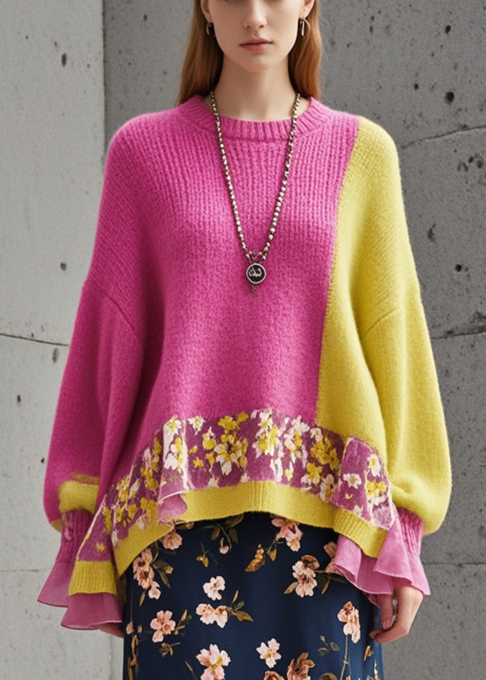 Elegant Rose Oversized Patchwork Cozy Knit Sweater Fall