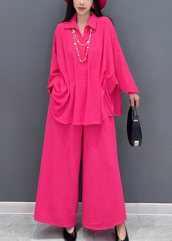 Elegant Rose Tops And Wide Leg Pants Cotton Two Pieces Set Spring