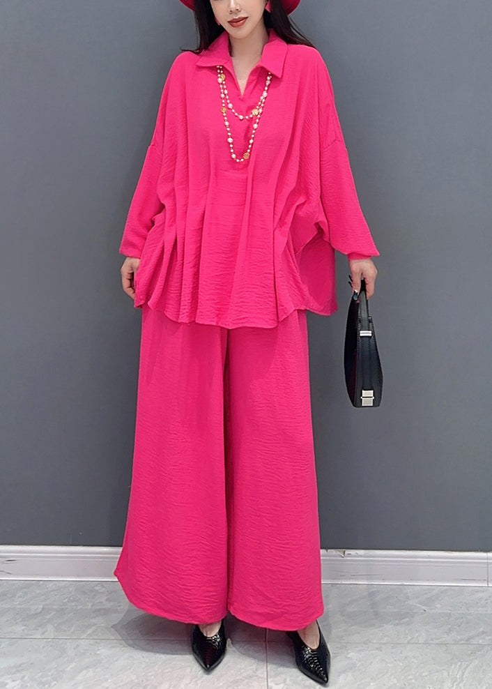 Elegant Rose Tops And Wide Leg Pants Cotton Two Pieces Set Spring