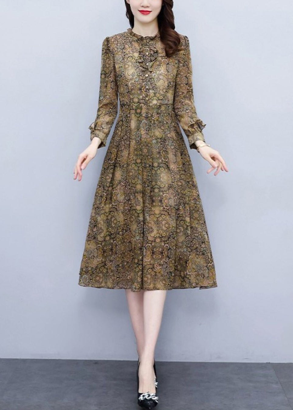 Elegant Ruffled Print High Waist Chiffon Dress Long Sleeve