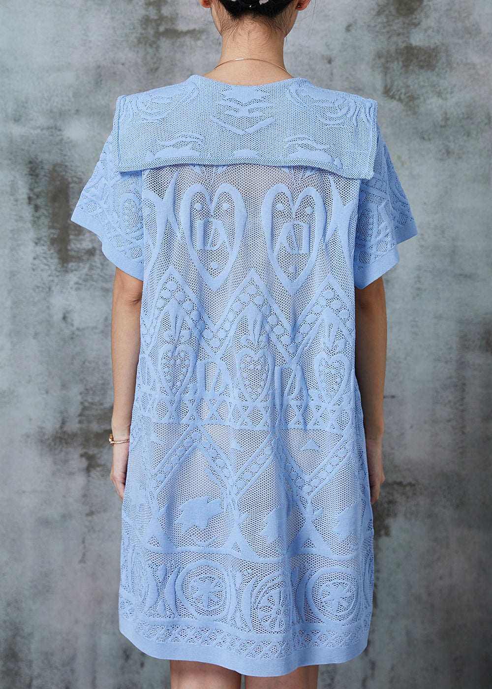 Elegant Sky Blue Sailor Collar Embroidered Lace Dress Summer