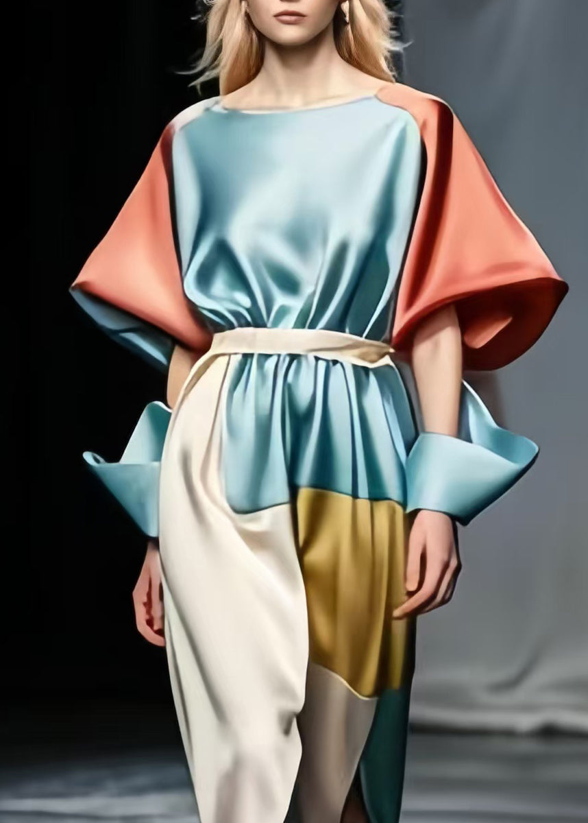 Elegant Sky Blue Tie Waist Patchwork Side Open Silk Dresses Puff Sleeve