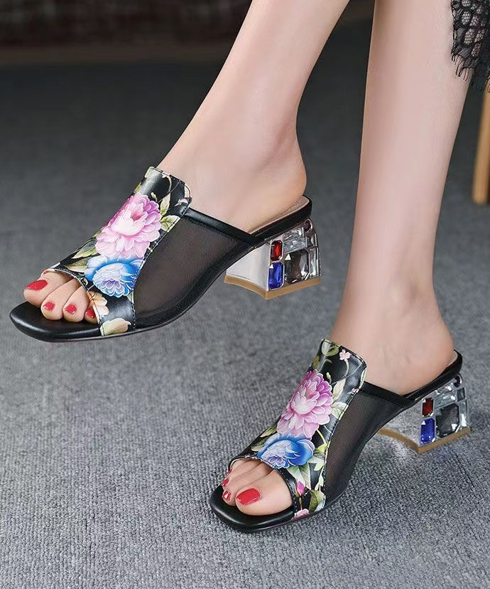 Elegant Splicing Chunky Black Cowhide Leather Peep Toe Slide Sandals