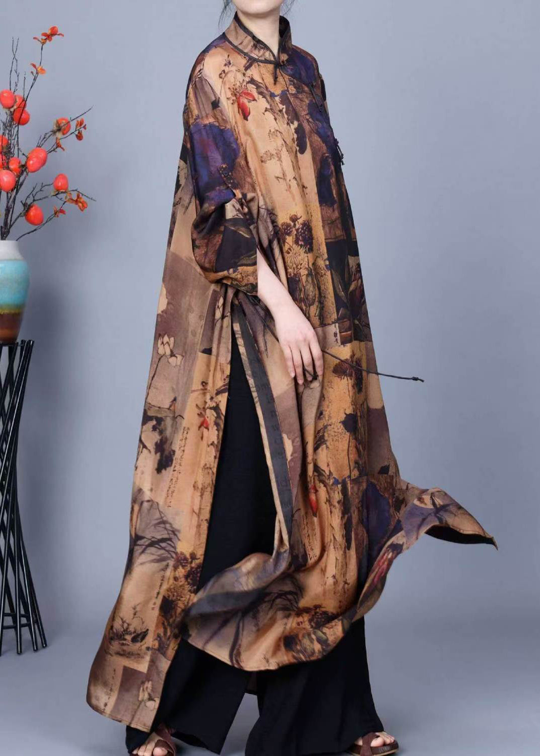 Elegant Stand Collar Print Side Open Silk Two Pieces Set Winter