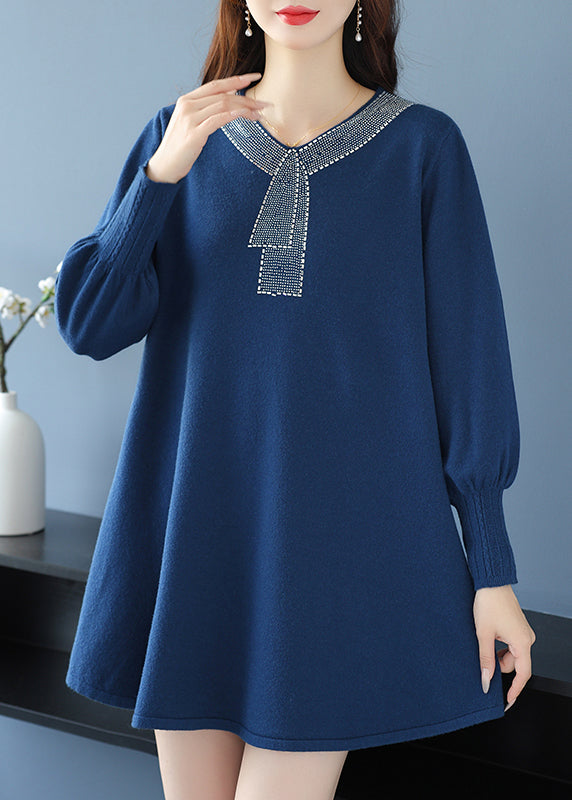 Elegant Tea Green V Neck Zircon Woolen Sweater Dress Winter