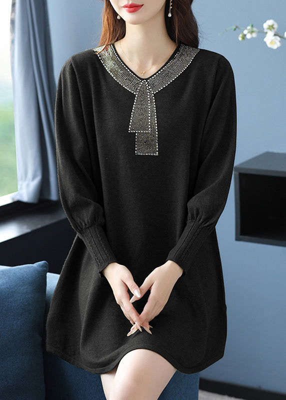 Elegant Tea Green V Neck Zircon Woolen Sweater Dress Winter