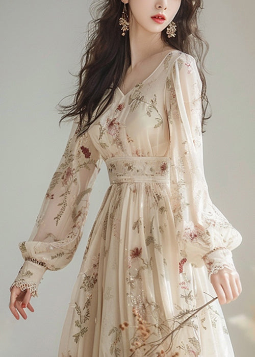 Elegant V Neck Print High Waist Chiffon Dress Long Sleeve