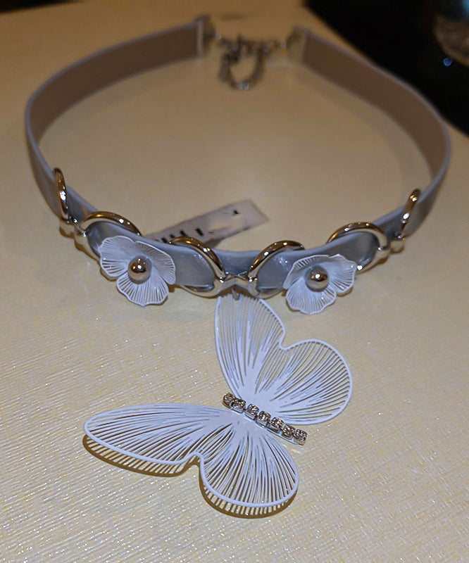 Elegant White Alloy Leather Patchwork Zircon Butterfly Choker