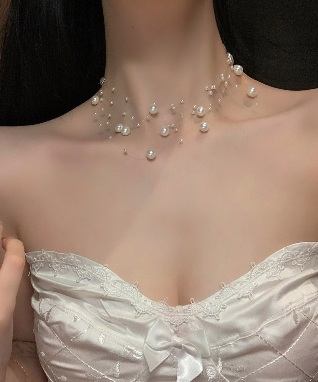 Elegant White Alloy Multi Layer Pearl Starry Sky Princess Necklace