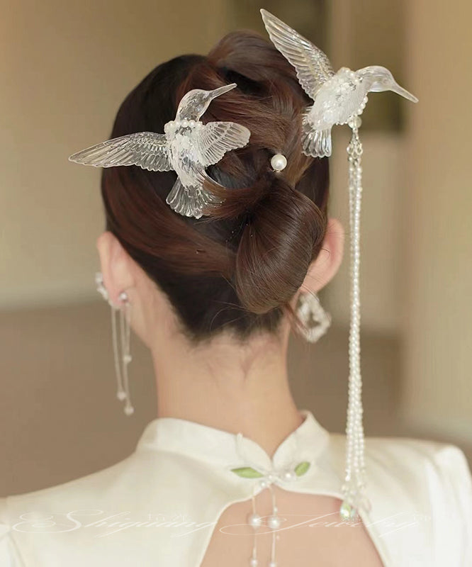 Elegant White Alloy Pearl Resin Magpie Tassel Hairpin