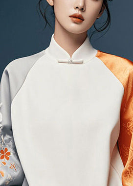 Elegant White Asymmetrical Patchwork Silk Oriental Tops Spring