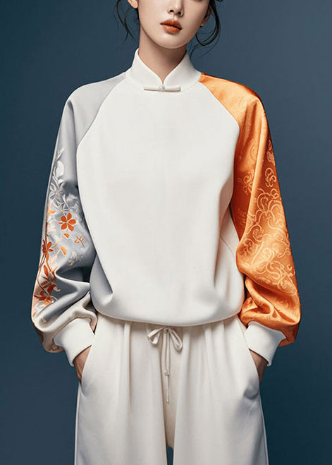 Elegant White Asymmetrical Patchwork Silk Oriental Tops Spring