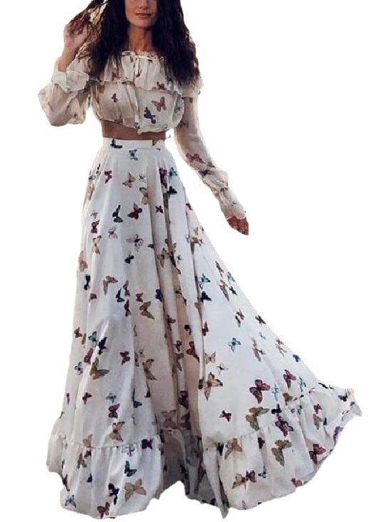 Elegant White Butterfly Print Tops And Skirts Cotton Two Pieces Set Spring