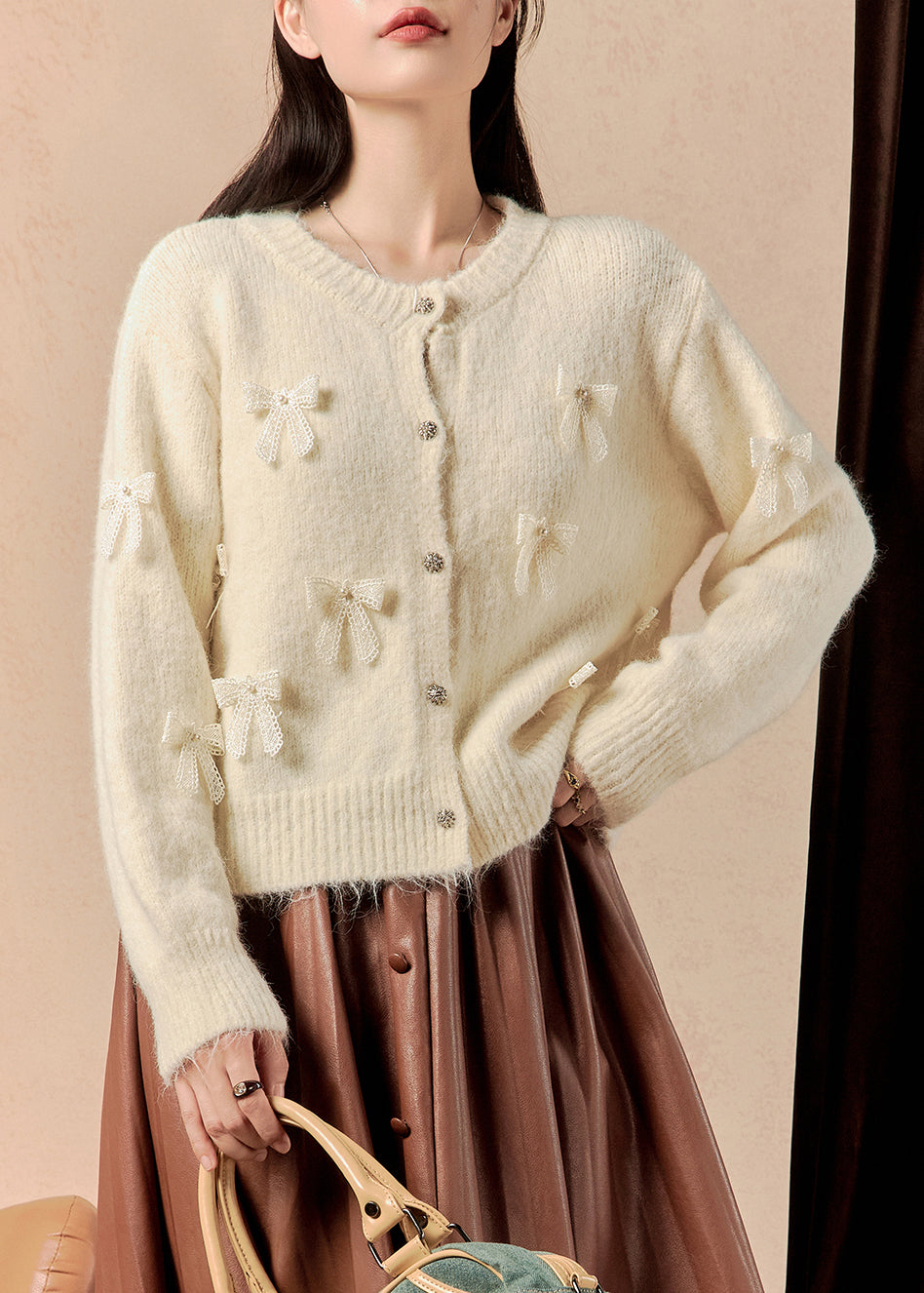 Elegant White Button Bow Patchwork Cotton Knit Sweaters Winter