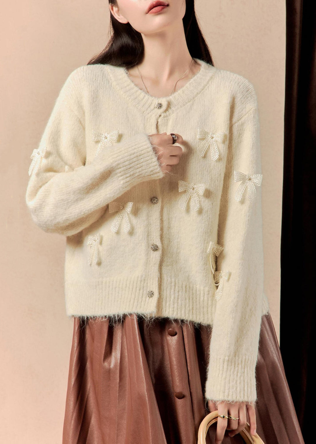 Elegant White Button Bow Patchwork Cotton Knit Sweaters Winter