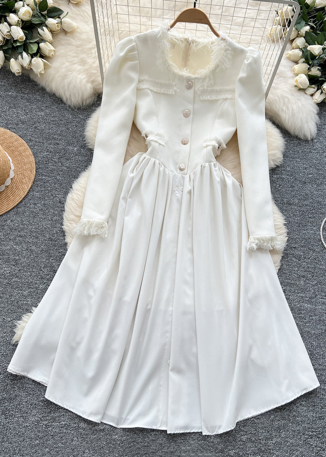 Elegant White Button High Waist Cotton Shirts Dresses Winter