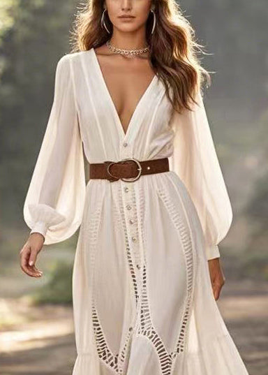 Elegant White Cinched Hollow Out Party Dress Spring