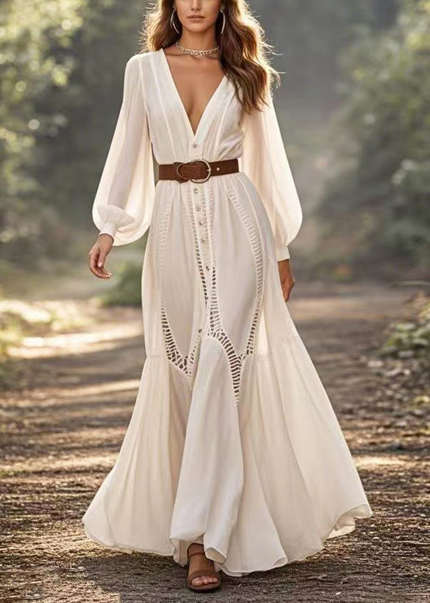 Elegant White Cinched Hollow Out Party Dress Spring