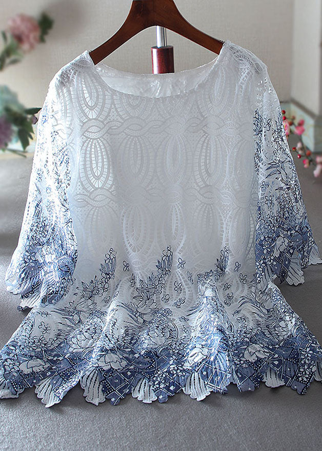 Elegant White Embroidered Hollow Out Lace Shirt Top Summer