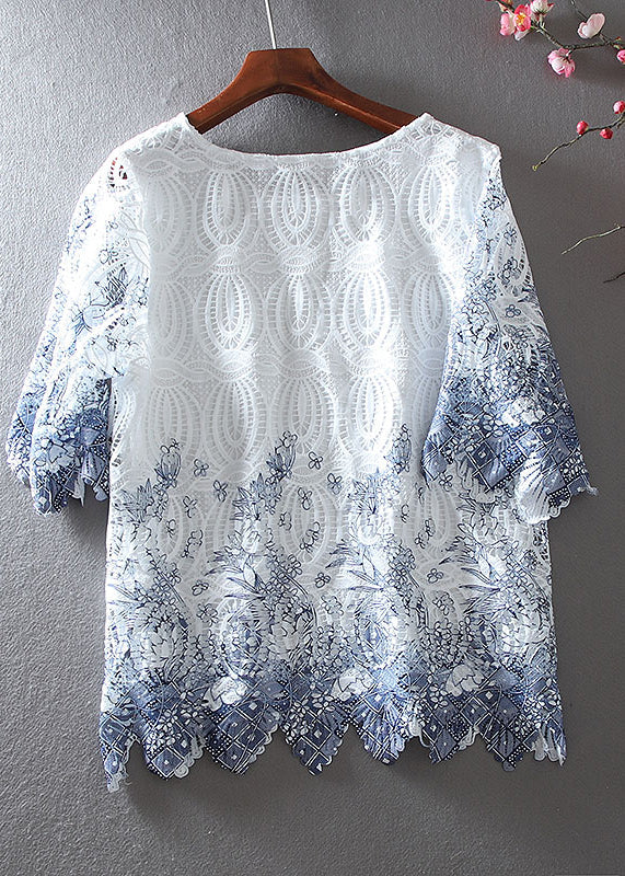 Elegant White Embroidered Hollow Out Lace Shirt Top Summer