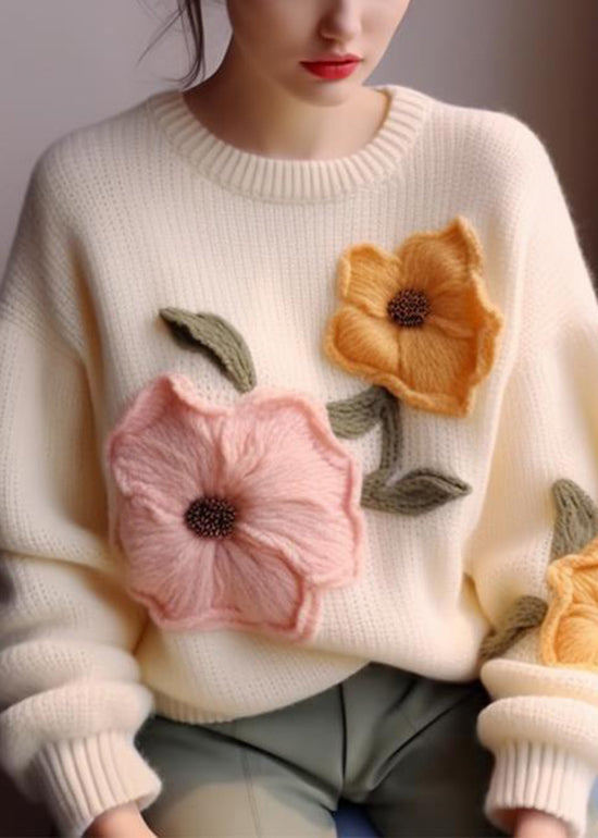 Elegant White O Neck Floral Knit Sweater Tops Fall