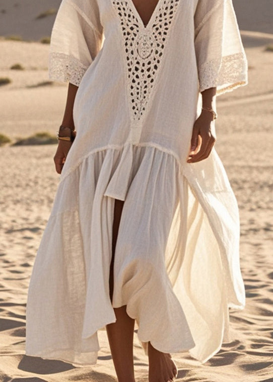 Elegant White Oversized Lace Patchwork Cotton Long Dresses Summer