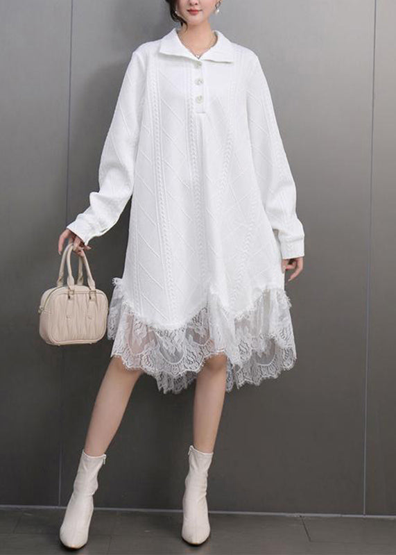 Elegant White Peter Pan Collar Lace Patchwork Long Dresses Spring