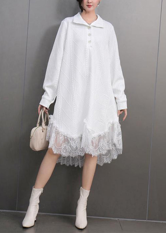 Elegant White Peter Pan Collar Lace Patchwork Long Dresses Spring