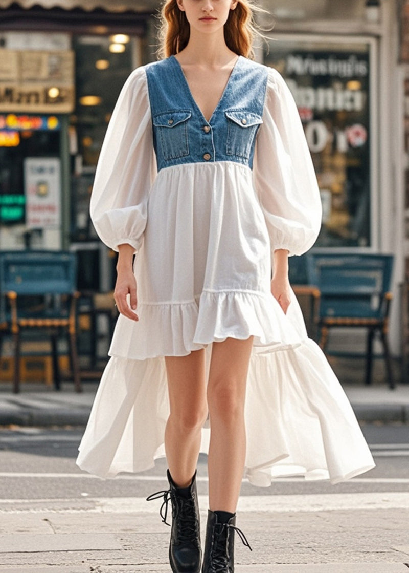 Elegant White Puff Sleeve Patchwork Denim Low High Design Cotton Dress Spring