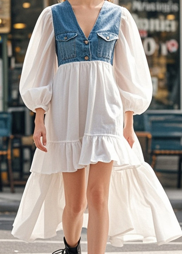 Elegant White Puff Sleeve Patchwork Denim Low High Design Cotton Dress Spring