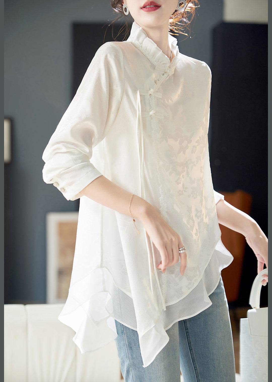 Elegant White Ruffled Chinese Button Chiffon Shirt Long Sleeve