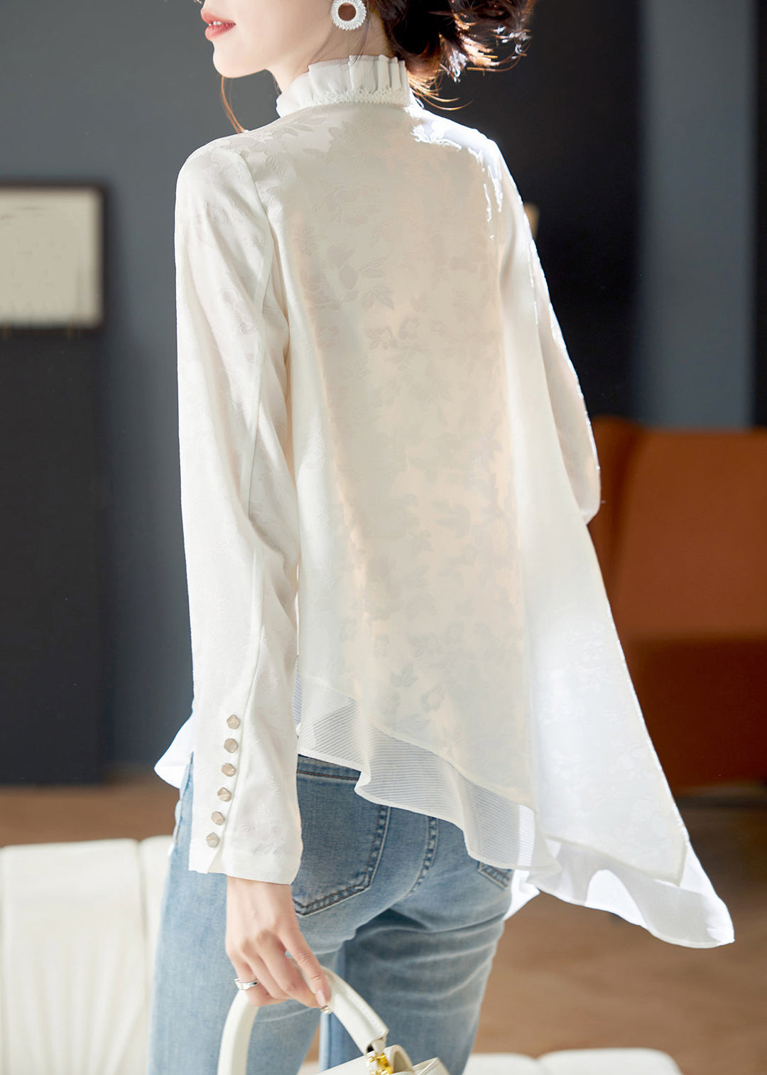 Elegant White Ruffled Chinese Button Chiffon Shirt Long Sleeve