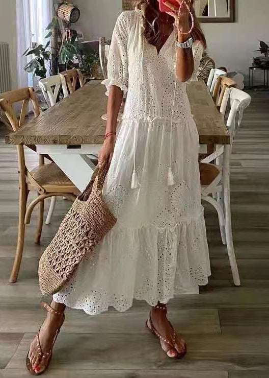 Elegant White Ruffled Hollow Out Cotton Party Dress Summer