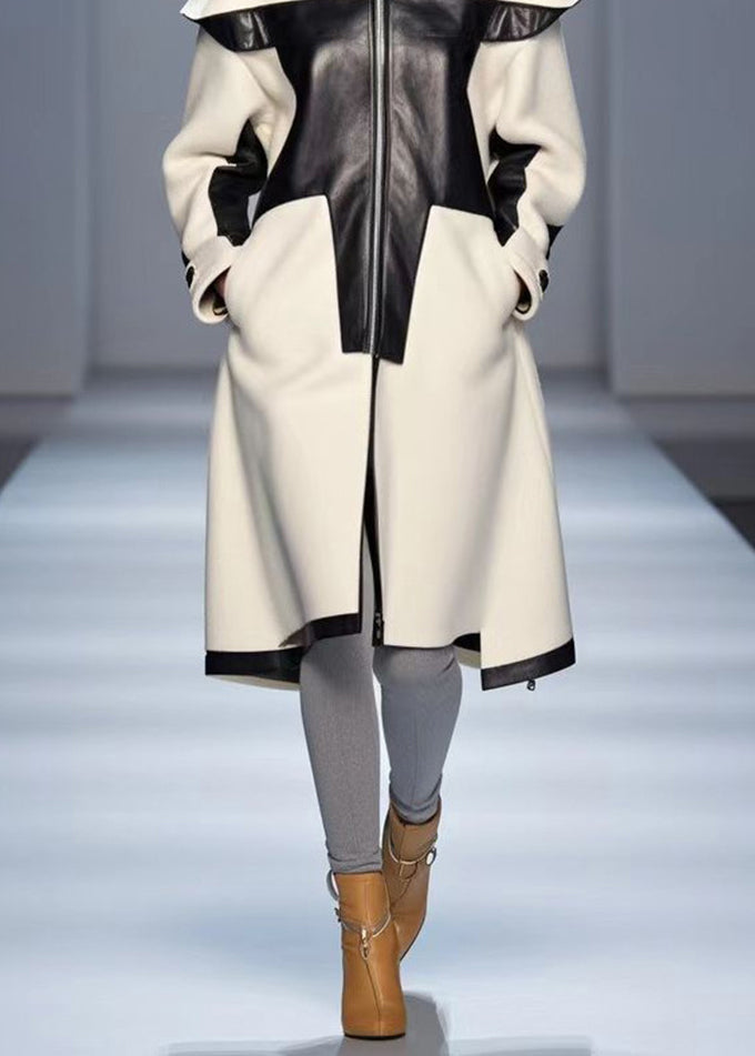 Elegant White Stand Collar Patchwork Woolen Trench Fall