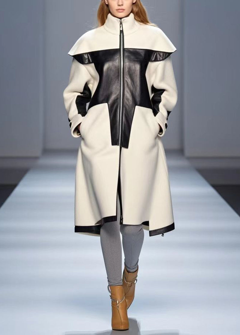 Elegant White Stand Collar Patchwork Woolen Trench Fall