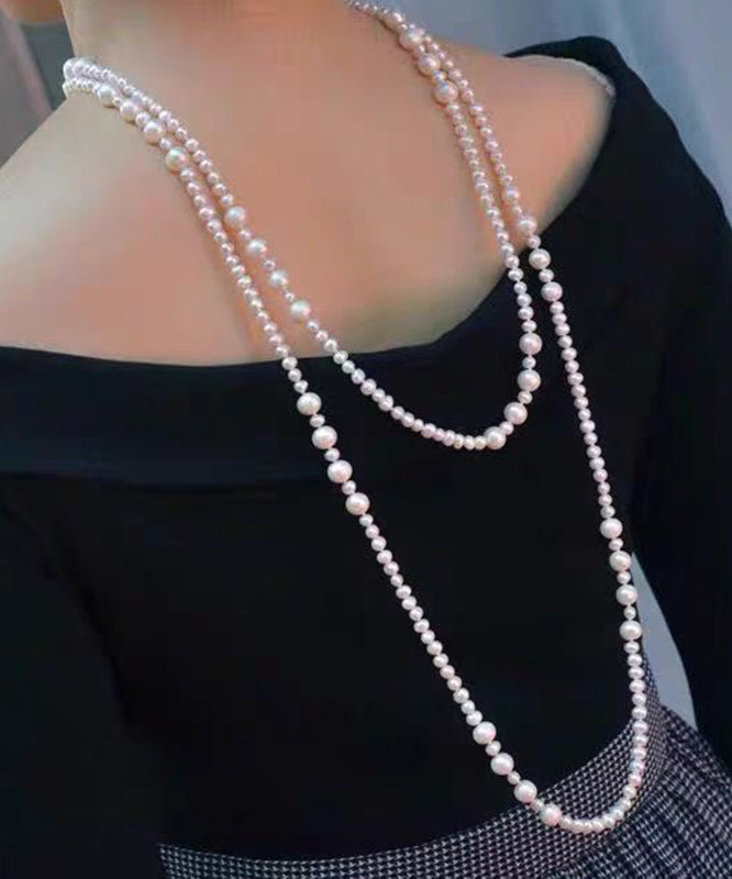 Elegant White Sterling Silver Pearl Sweater Necklace