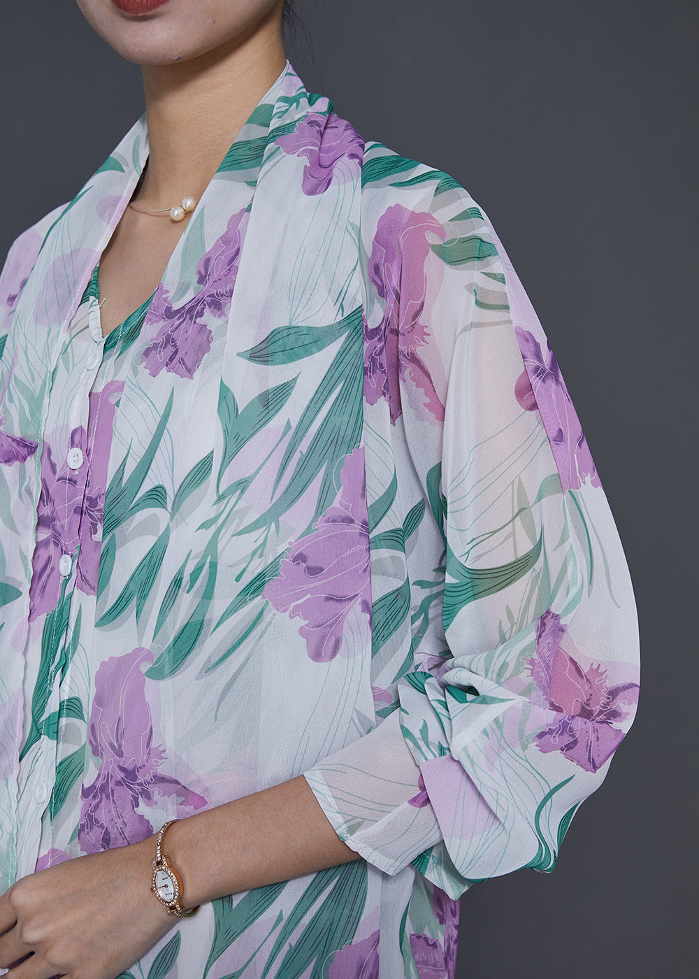 Elegant White Tulip Print Chiffon Fake Two Piece Shirt Spring