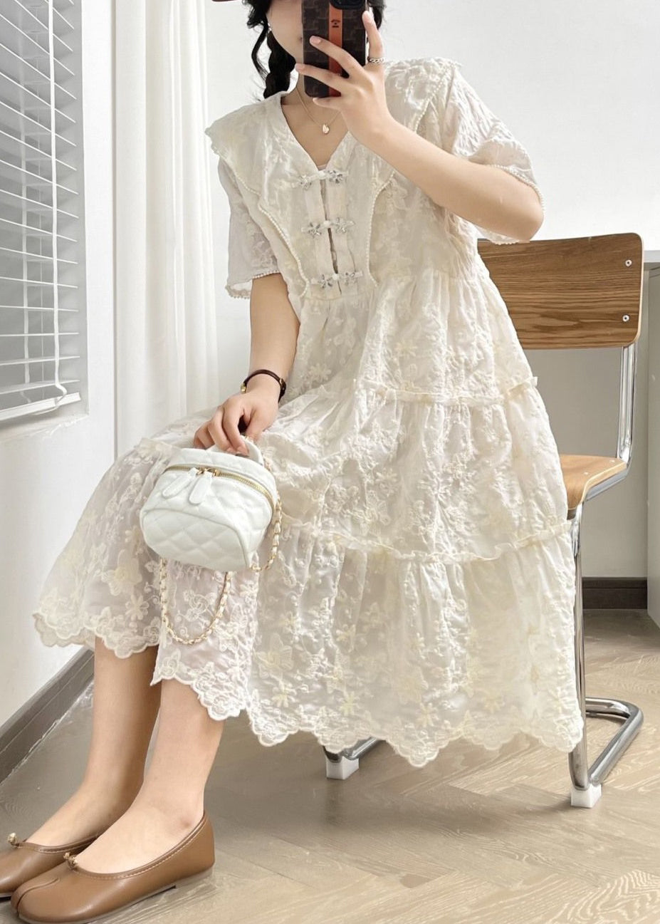 Elegant White V Neck Button Ruffled Cotton Dress Summer