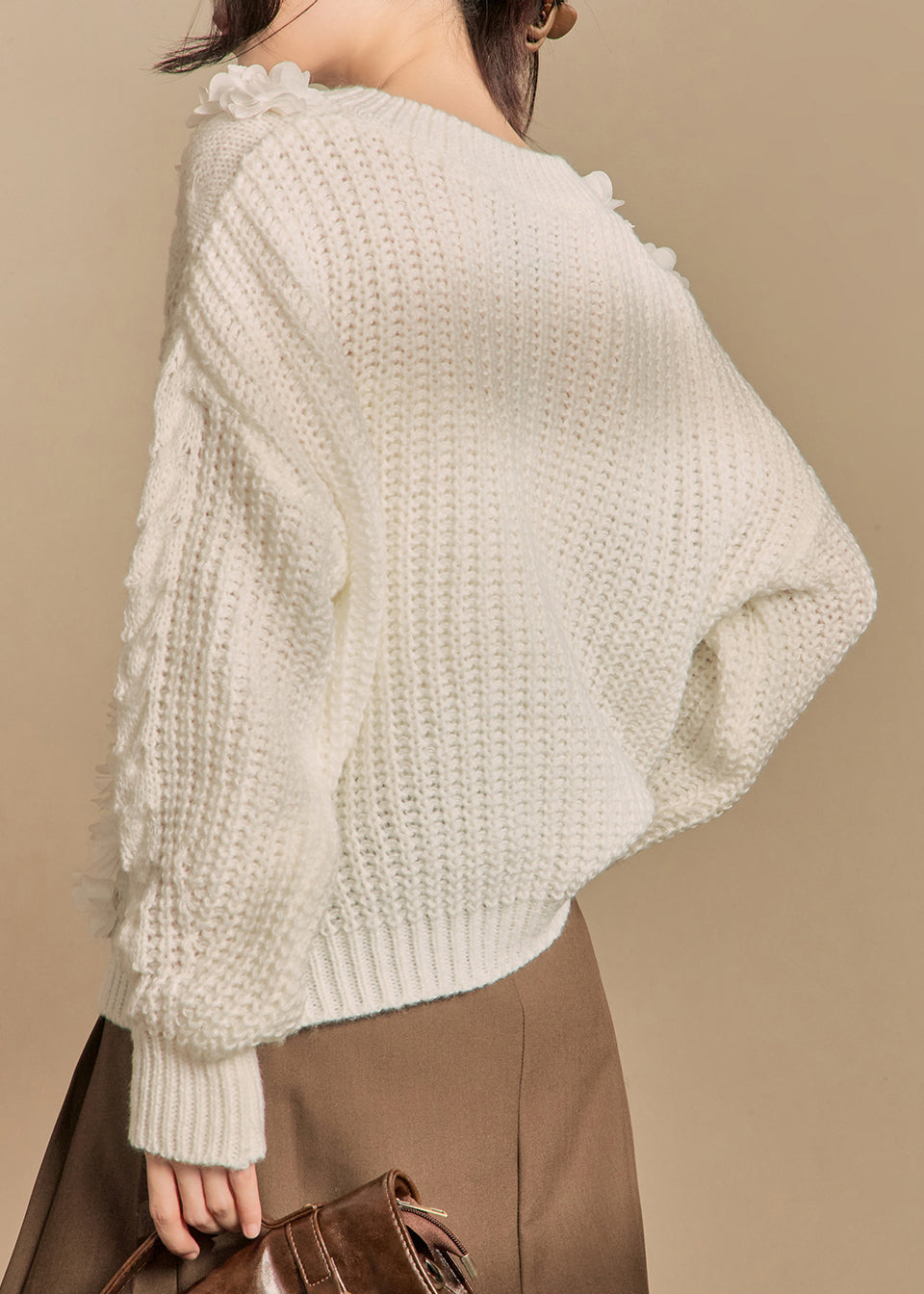 Elegant White V Neck Hollow Out Solid Knit Sweaters Winter