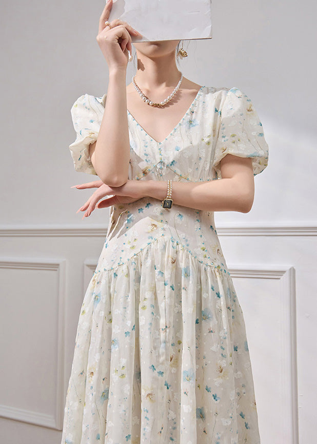 Elegant White V Neck Patchwork Chiffon Long Dress Short Sleeve